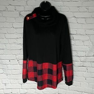Plaid Cowl Neck Sweater - Black and Red